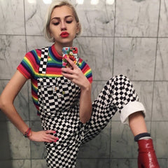 Black-white Checkerboard Plaid Loose Suspender Long Pants