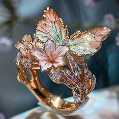 Exquisite Shining Diamond Drop Oil Butterfly Flower Women's Ring