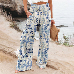 Women's Casual Wide-leg Cotton And Linen Printed Loose Trousers