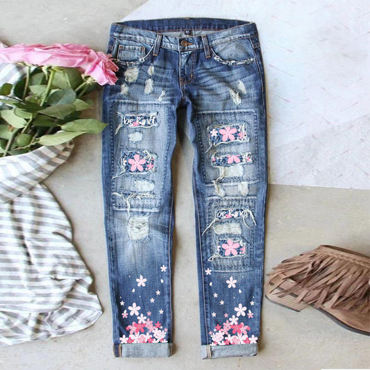 Women's Cherry Blossom Print Water Washed Hole Loose Wide Leg Jeans