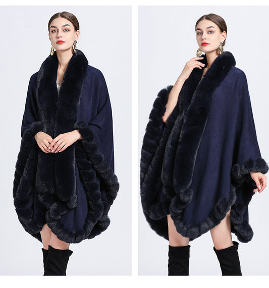 Rex Rabbit Fur Collar Shawl Irregular Oversized Knitted Cardigan Baggy Coat