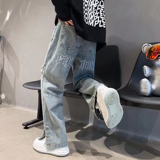 American Letter Embroidered Jeans High Street Fashion Brand Hip Hop Straight-leg Pants