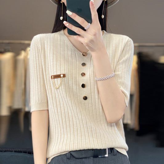 Women's Fashionable V-neck Solid Color Single-breasted Sweater Top