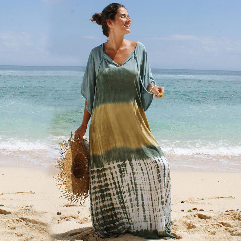 Women's Cotton Tie-dyed Beach Robe Loose Long Dress