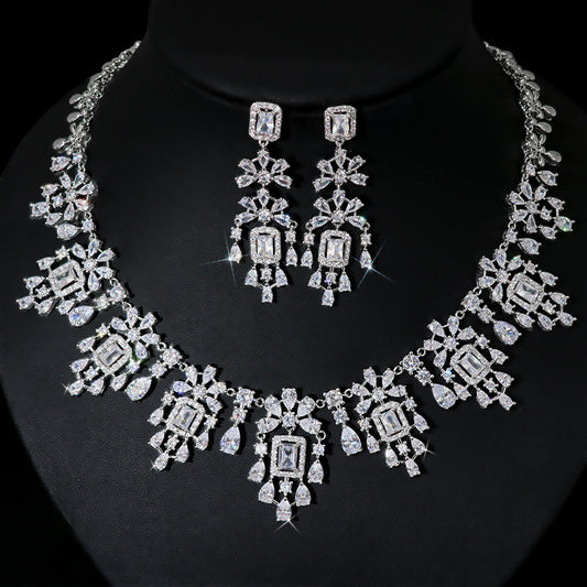 European And American Fashion Retro Square Zircon Necklace Earrings