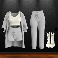 Autumn And Winter New Knitted Plush Long Sleeve Coat Vest Shorts Four-piece Set