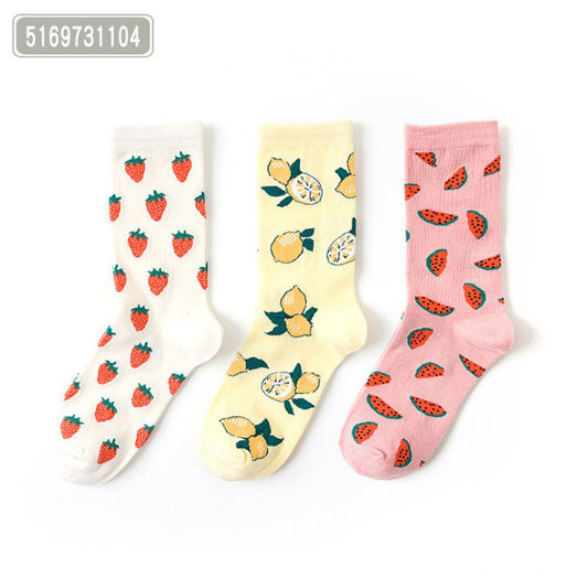 Three Pairs Of Women's Cartoon Food Printed Cotton Socks