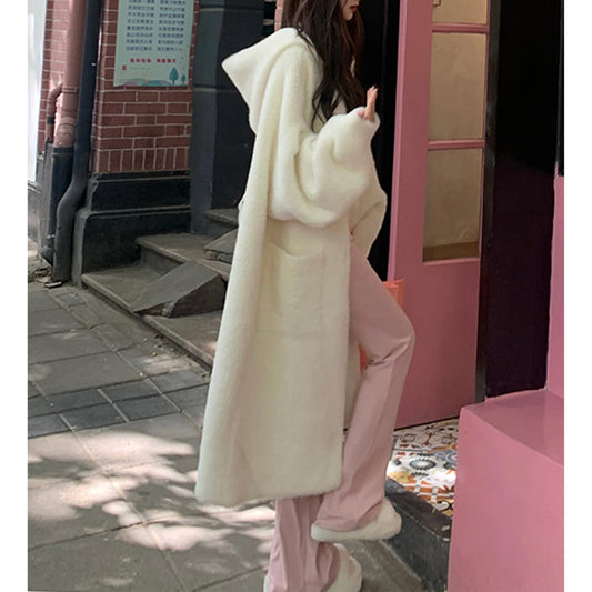 Hooded Fur Cardigan Coat Women's Spring Clothes, Thick Gentle Long Knitted Coat Handmade Clothing Hand Knit Outfit Of The Day