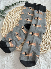 Ladies Gray And Black Splicing Cartoon Puppy Simple Socks