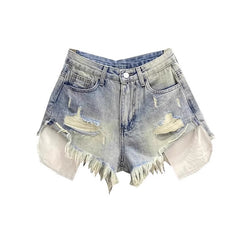 Fashion Pocket Exposed Hand Frayed Brushed Raw Edge Denim Hot Pants