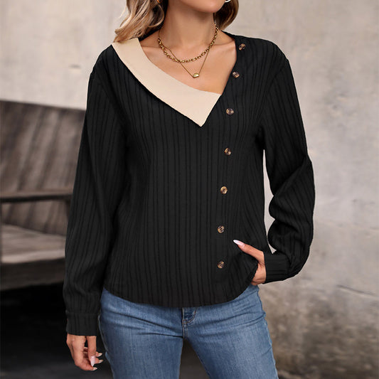 V-neck Patchwork Top Long Sleeve Buckle Women's Clothing