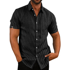 Summer Lapels Short Sleeve Solid Color Buttons Men's Striped Shirt Men's Clothing