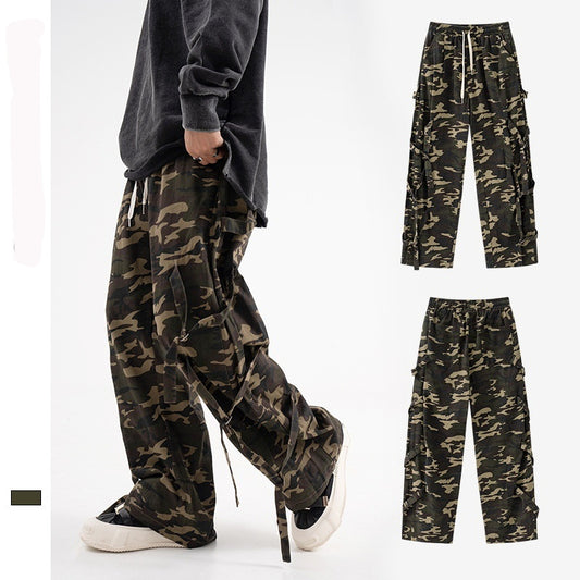 American Retro Elastic Waist Drawstring Camouflage Cargo Pants Couple Street Fashion Ribbon Straight