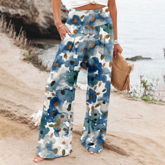 Women's Casual Wide-leg Cotton And Linen Printed Loose Trousers