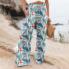 Women's Casual Wide-leg Cotton And Linen Printed Loose Trousers