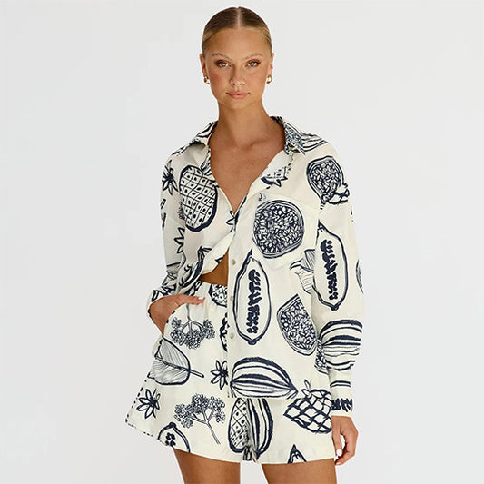 Early Autumn Casual Premium Fruit Printed Shorts Cardigan Suit