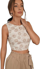 Women Bohemian Sleeveless Backless Lace-up Full Body Print Cropped Tank Top