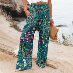 Women's Casual Wide-leg Cotton And Linen Printed Loose Trousers