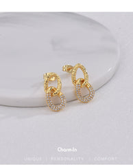 Retro Easy Matching Double Ring Stud Minority Simple Micro Inlaid White Zirconium Delicate Earrings