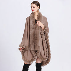 Rex Rabbit Fur Collar Shawl Irregular Oversized Knitted Cardigan Baggy Coat