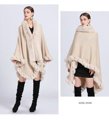 Rex Rabbit Fur Collar Shawl Irregular Oversized Knitted Cardigan Baggy Coat