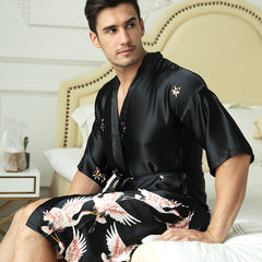 Mid-length Printed Artificial Silk Nightgown Men's Groom Best Man Morning Gowns Sexy Pajamas