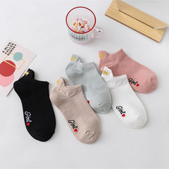 Women's Heel Crown Embroidered Combed Cotton Low Top Low Cut Socks Boat Socks