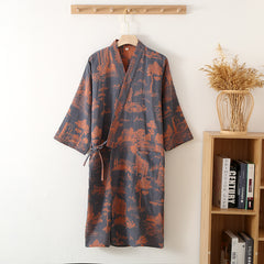 Men's Cotton Gauze Kimono Long Dress Bathrobe