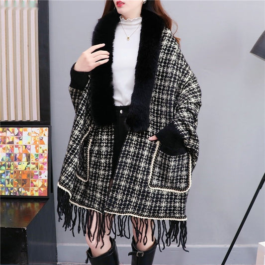 Autumn And Winter New Imitated Mink Cashmere Fur Collar Cape And Shawl Plus Size Tassel Knitted Cardigan