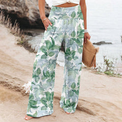 Women's Casual Wide-leg Cotton And Linen Printed Loose Trousers